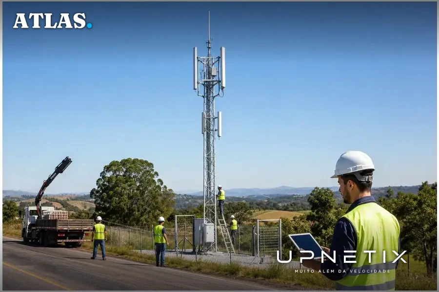 Equipe técnica instalando torre 5G em rodovia federal isolada