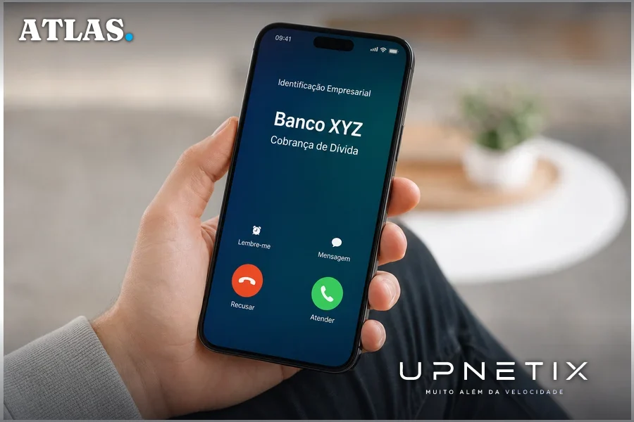 Smartphone exibindo identificação de chamada da Gosat com nome do banco e motivo do contato