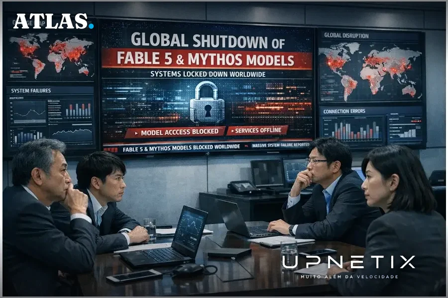 Executivos de tecnologia japoneses acompanham notícias sobre o bloqueio global dos modelos Fable 5 e Mythos em uma sala de monitoramento moderna.