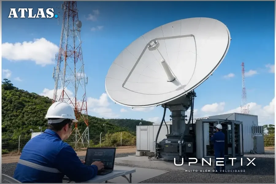Antena gateway terrestre conectando redes móveis à constelação de satélites em área remota no Brasil