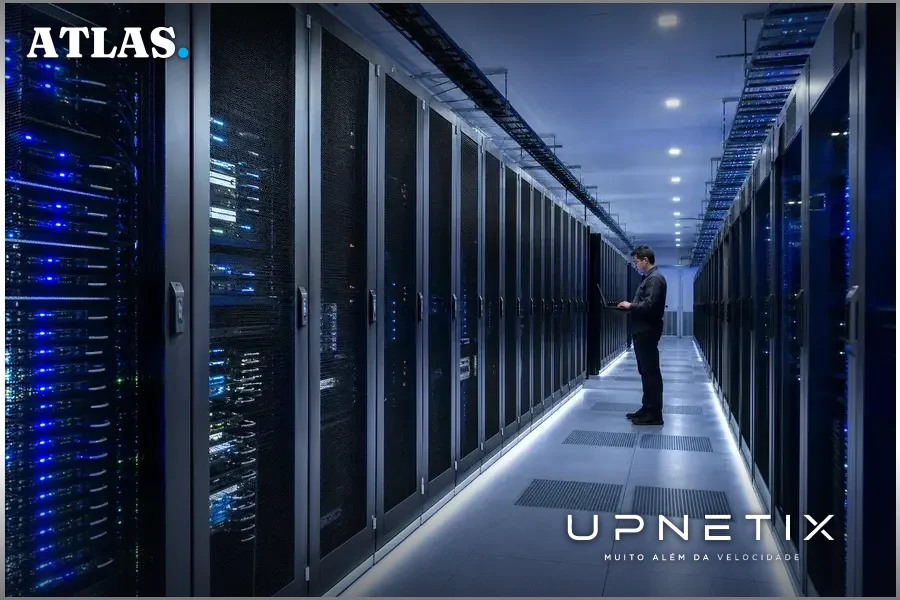 Interior de um data center americano com servidores em operação.