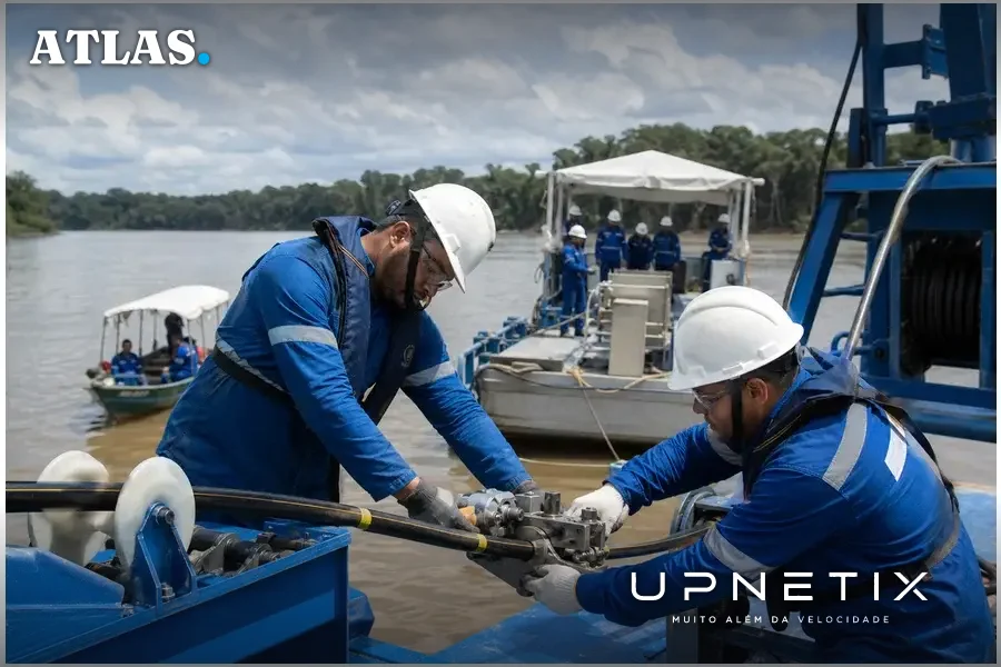 Técnicos instalando cabos de fibra óptica subfluviais na Região Norte do Brasil