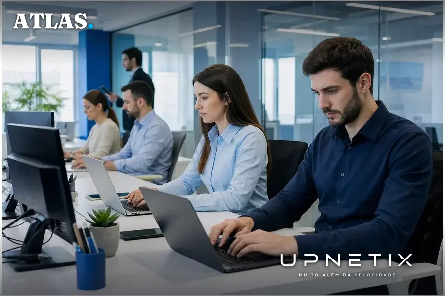 Funcionários em escritório moderno usando computadores pessoais e corporativos para acessar ferramentas de IA