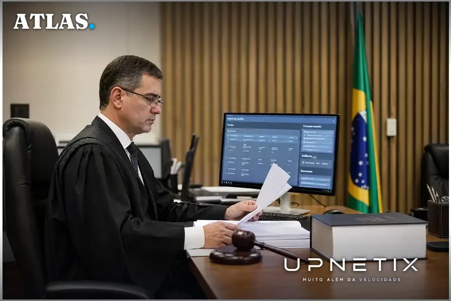 Juiz brasileiro em tribunal analisando documentos físicos e digitais com sistema de IA judicial.