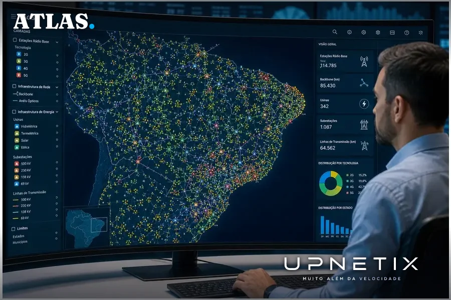 Mapa digital interativo mostrando estações rádio base, backbone de telecom e rede elétrica integrados