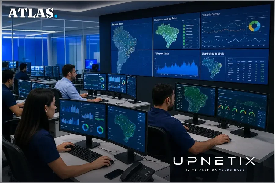 Engenheiros brasileiros monitorando infraestrutura de telecomunicações em centro de operações, ambiente profissional.