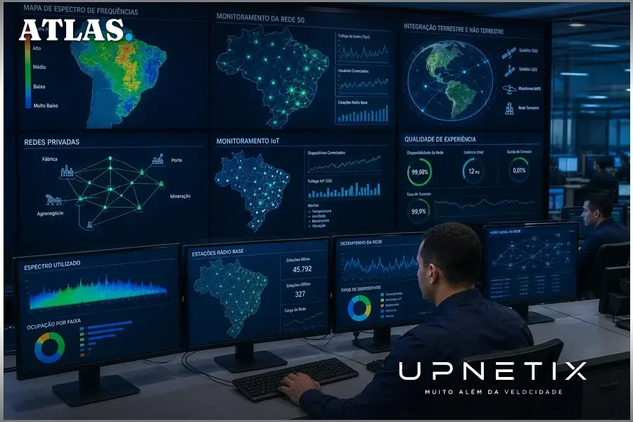 Centro de operações de telecom com técnicos monitorando espectro, redes 5G, satélites e IoT em ambiente tecnológico avançado.