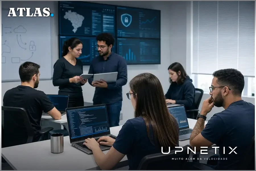 Pesquisadores de segurança cibernética brasileiros trabalhando em computadores em ambiente de escritório moderno.
