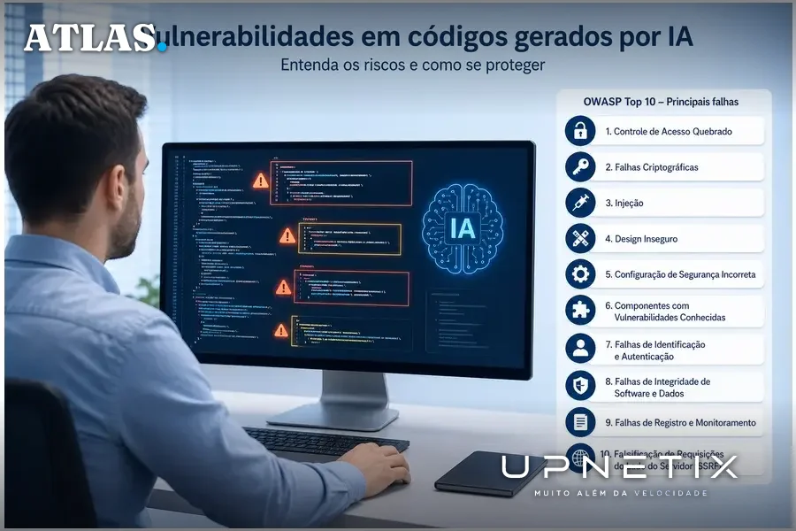 Diagrama didático mostrando vulnerabilidades em códigos gerados por IA e riscos OWASP Top 10.