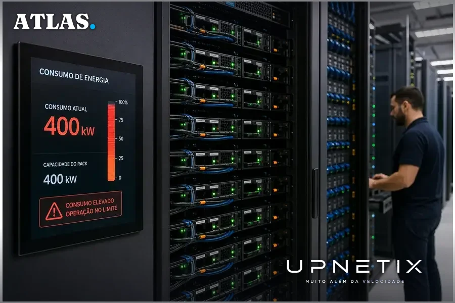 Rack de servidor com alta densidade energética e equipamentos de IA em data center
