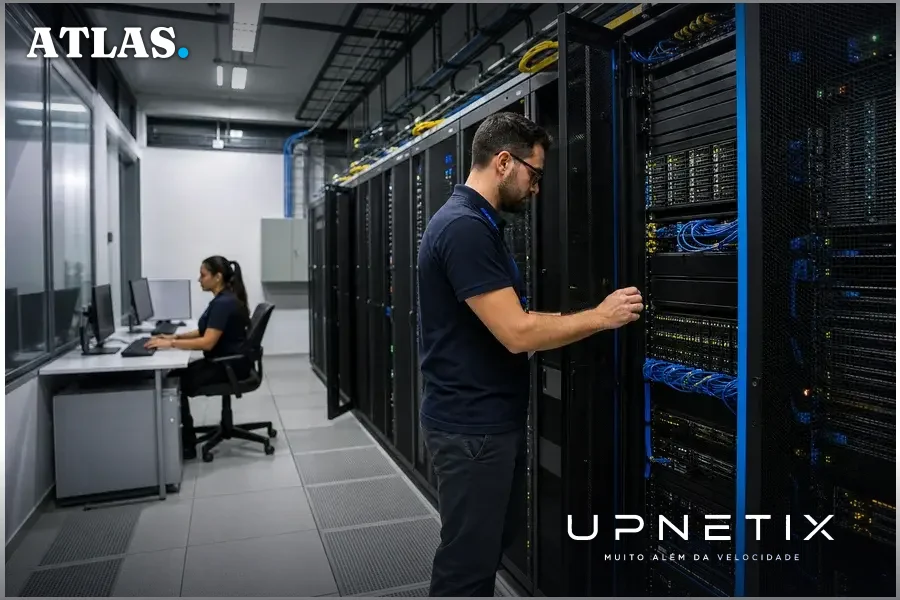 Sala de servidores com racks e equipamentos de rede modernos, ambiente tecnológico corporativo.