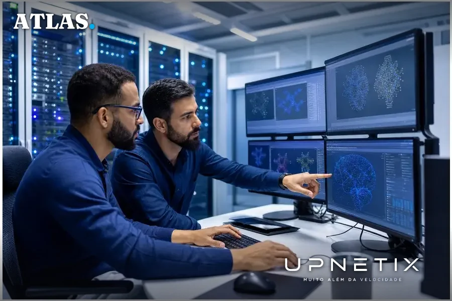 Profissionais de TI do Serpro analisando códigos e pesos de modelos de IA em datacenter moderno.