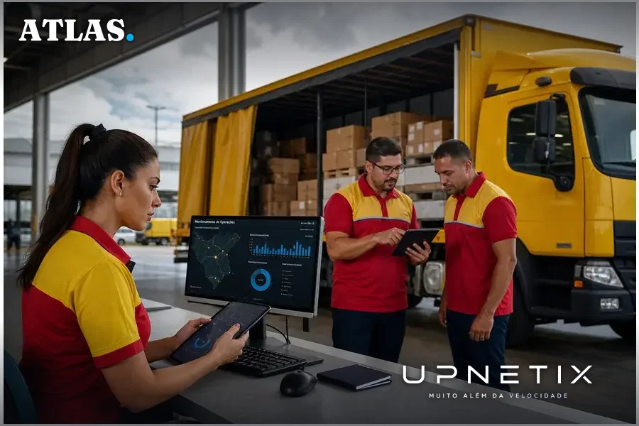 Caminhão parado em área logística da DHL com operadores usando sistemas digitais para monitoramento e averbação.
