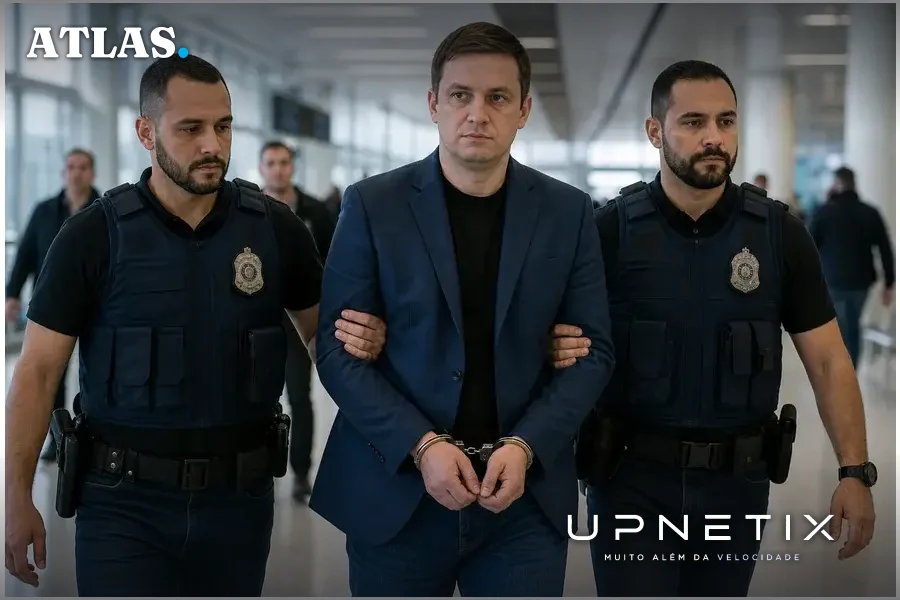 Imagem realista de um homem sendo escoltado por agentes federais em aeroporto, ilustrando preso por ataques de ransomware.