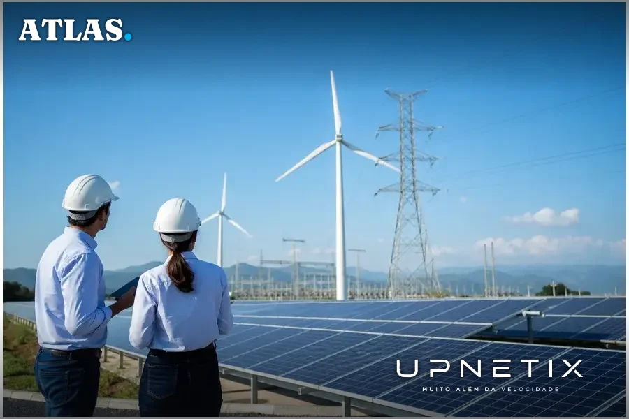 Usina de energia renovável brasileira com linhas de transmissão, representando infraestrutura energética.