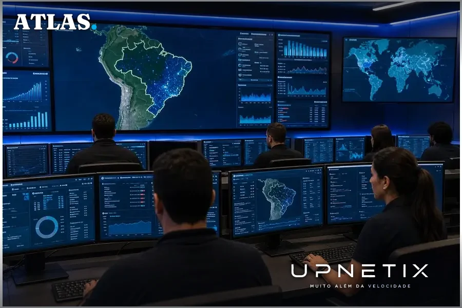 Profissionais brasileiros trabalhando em centro de operações de cibersegurança com mapas digitais da América Latina destacando o Brasil.