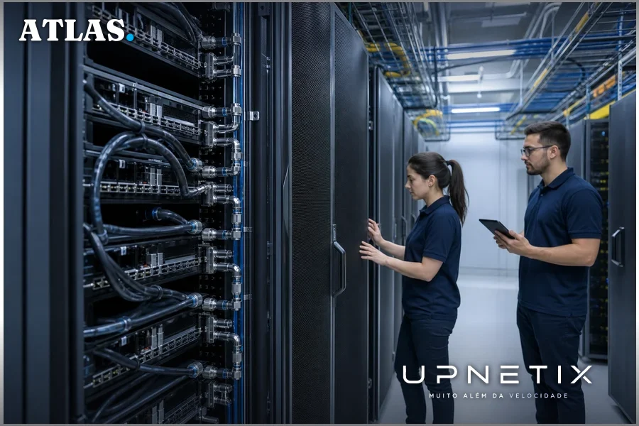 Data center da Equinix com servidores de alta densidade e sistema de resfriamento líquido visível