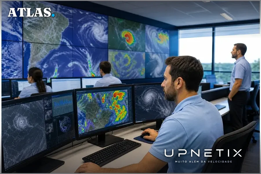 Técnicos trabalhando no centro Atmos com monitores integrando dados de satélites para previsão climática