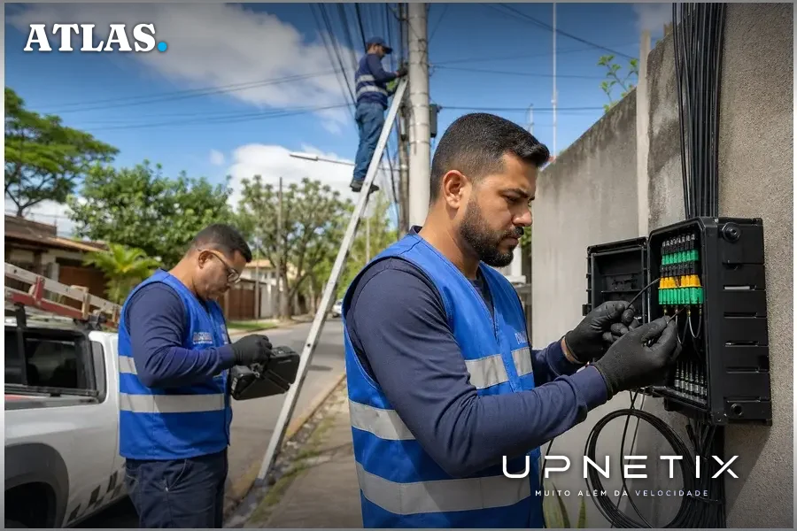 Equipe técnica de pequeno provedor regional instalando fibra óptica em rua residencial no Brasil.