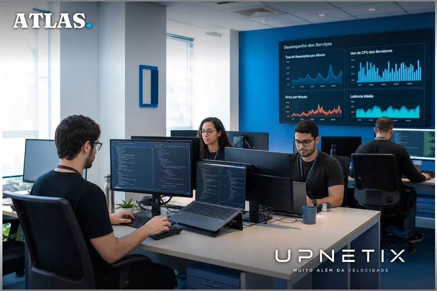 Equipe de desenvolvedores em escritório moderno trabalhando com plataformas internas de software.