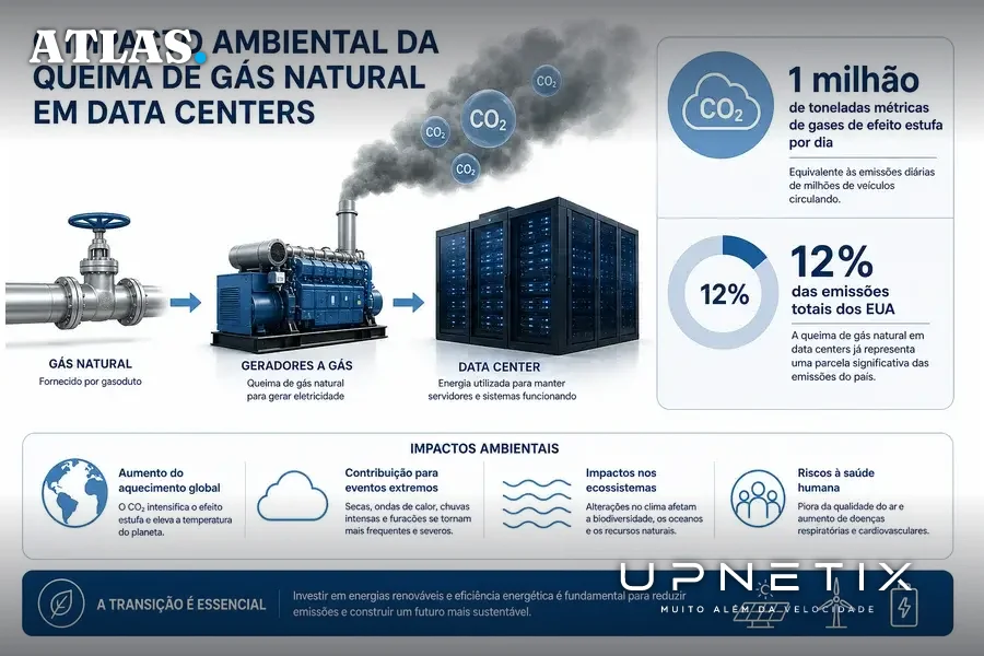 Diagrama didático do impacto ambiental do consumo de gás natural dos data centers nos EUA.