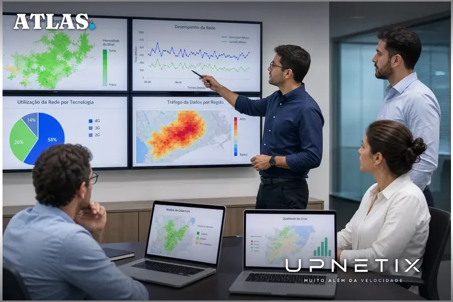 Profissionais analisando mapas de cobertura móvel e dados em ambiente corporativo.