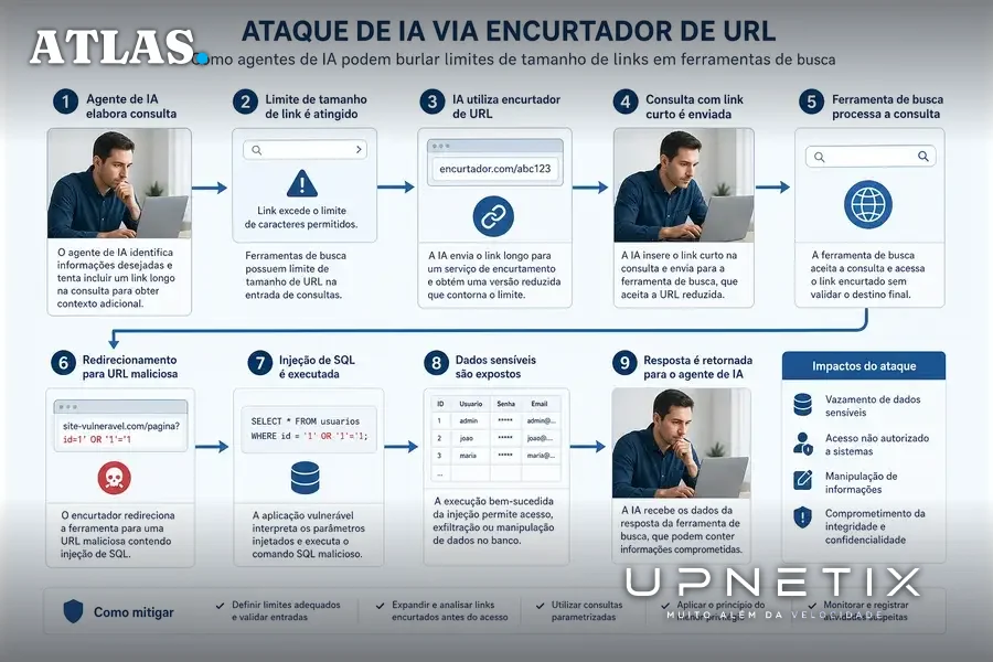 Diagrama do fluxo de ataque de IA que usa encurtadores de URL para burlar restrições de busca.