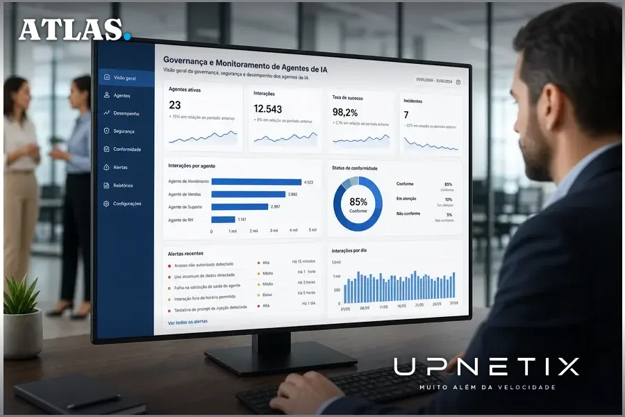 Dashboard digital corporativo mostrando métricas de governança de agentes de IA com alertas visíveis.