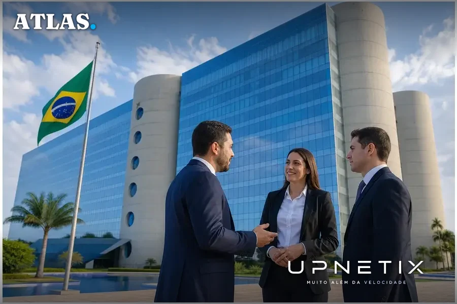 Prédio moderno da Anatel em Brasília com profissionais em conversa na entrada