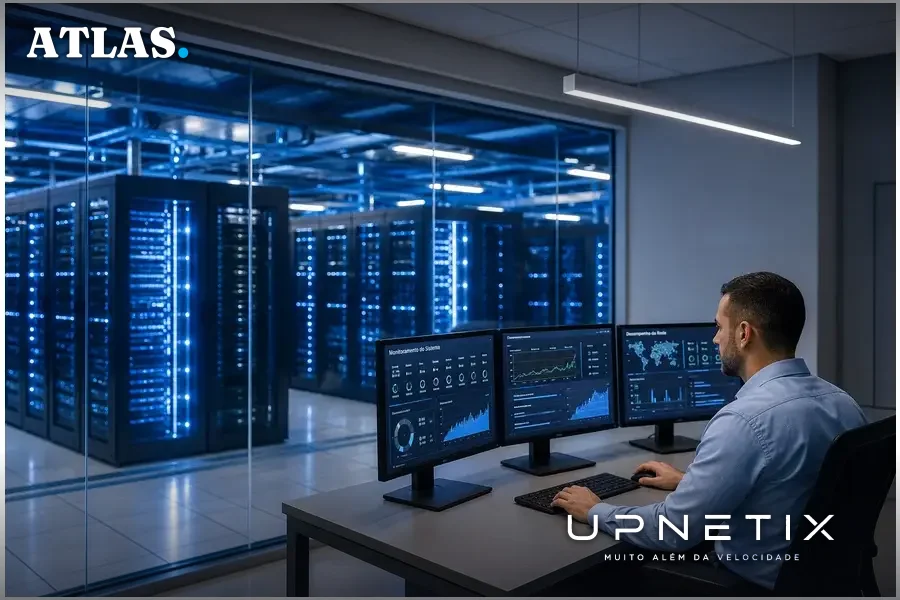 Interior de data center moderno com servidores e painel de controle iluminado.