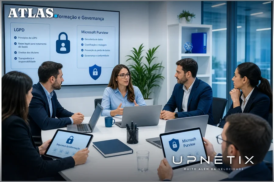 Profissionais discutindo segurança da informação e governança em auditoria com IA generativa.