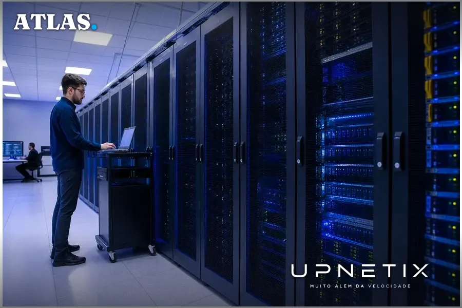 Data center moderno da Magalu Cloud com servidores em racks organizados e iluminação azulada.