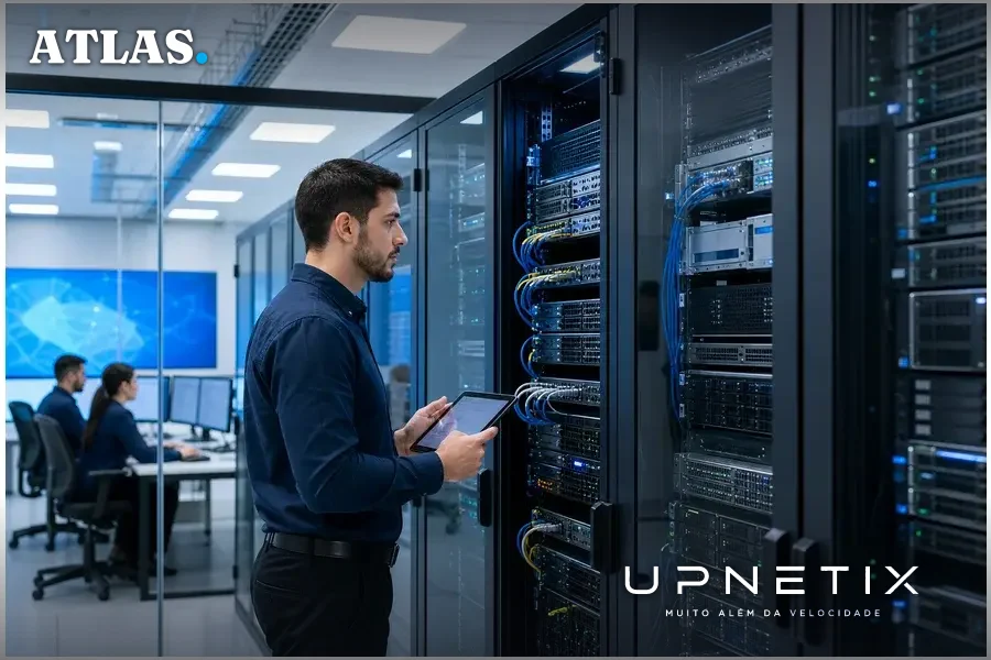 Centro de dados moderno no Brasil com servidores e equipamentos operando, representando a nuvem soberana do SUS.