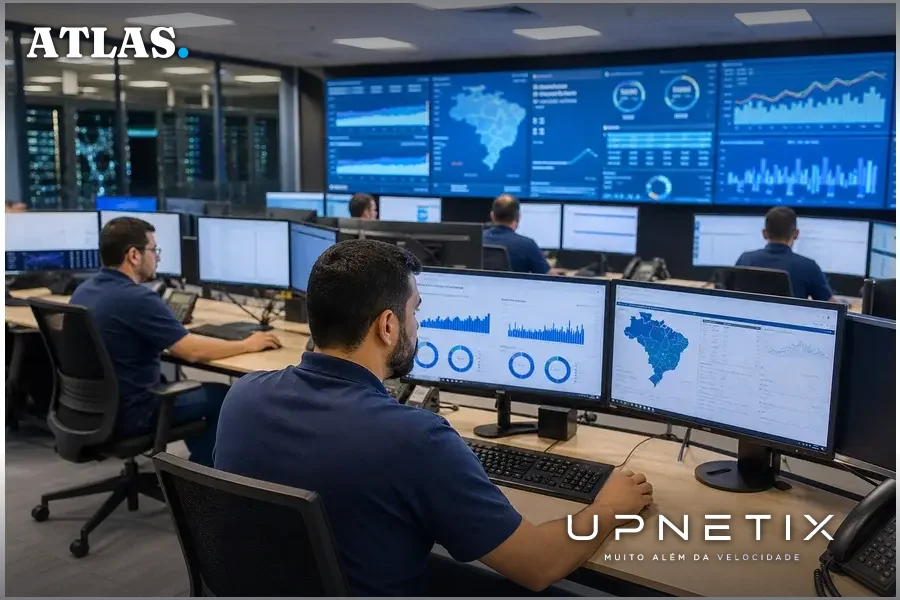 Técnicos em sala de operações de provedor de internet monitorando sistemas de bloqueio e rede