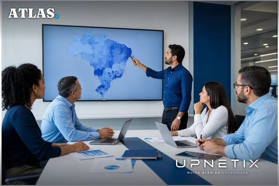 Profissionais discutindo políticas públicas para inclusão digital em reunião corporativa