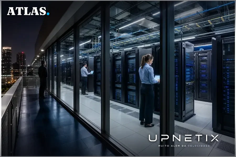 Datacenter europeu moderno com servidores iluminados à noite, ambiente tecnológico corporativo realista