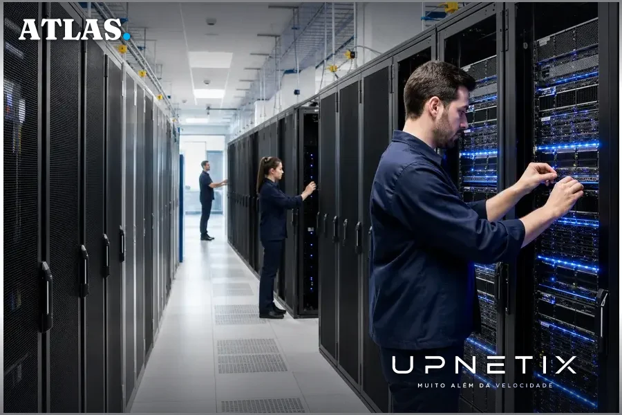 Data center moderno com servidores e técnicos em inspeção