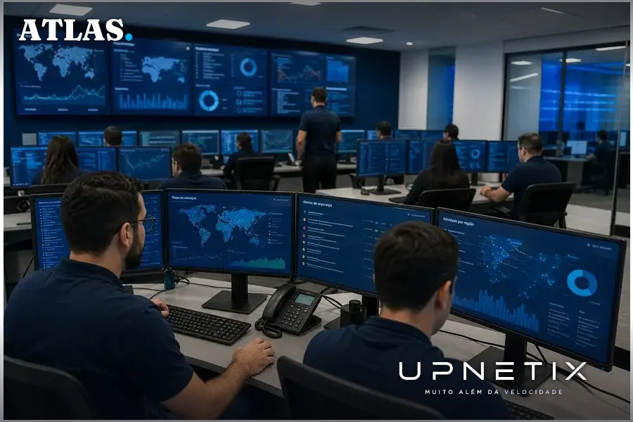 Sala de operações de cibersegurança com equipe analisando alertas em múltiplas telas.