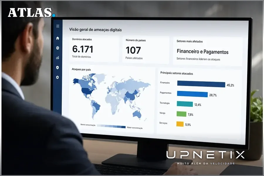 Dashboard mostrando mapa interativo dos 6.171 domínios atacados em 107 países com setores financeiros destacados