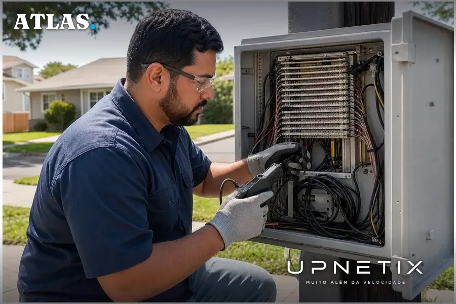 Técnico da AT&T inspecionando infraestrutura de rede de cobre ao ar livre.