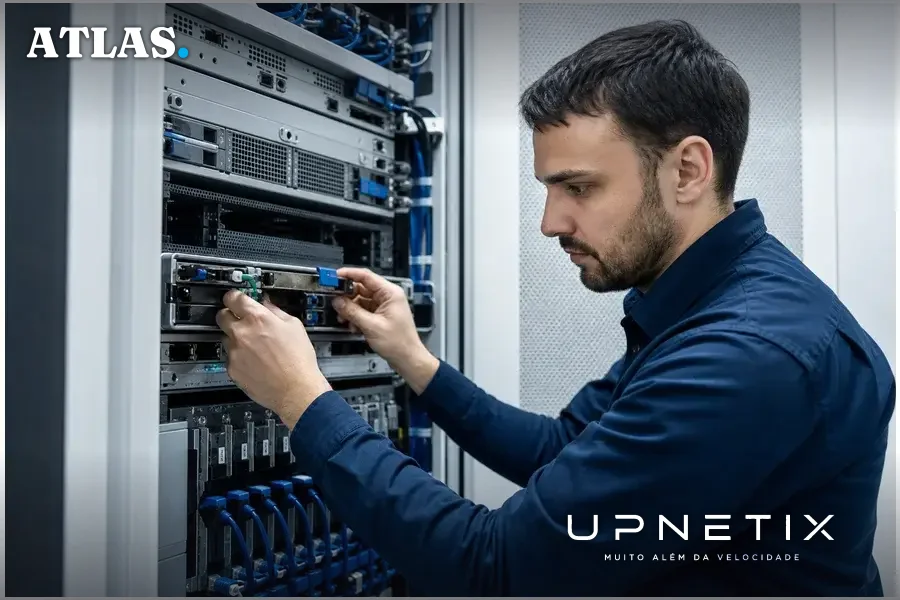 Técnico instalando hardware em rack de data center