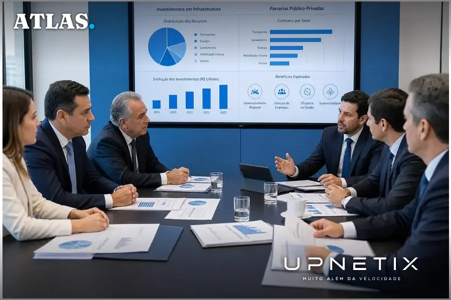 Executivos privados e públicos brasileiros discutindo financiamento de infraestrutura em reunião.