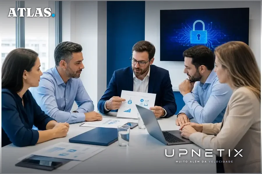 Pequenos empresários discutindo estratégias de segurança digital com consultores em reunião.