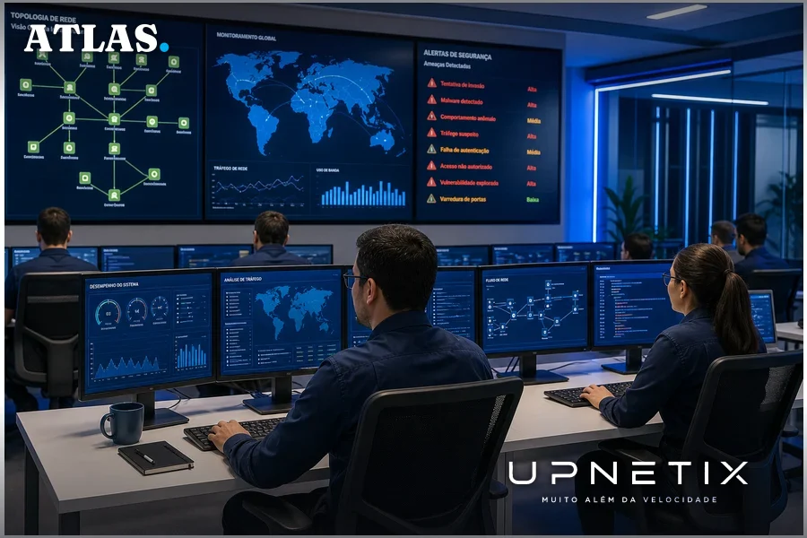 Profissionais de TI analisando redes e alertas de segurança em sala de operações corporativa.
