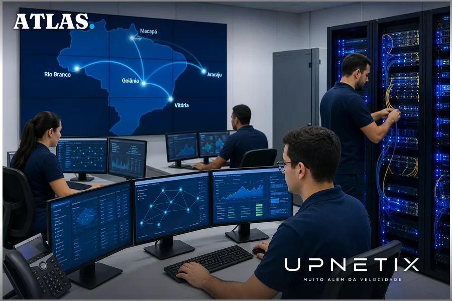 Sala de operações de rede de fibra óptica com técnicos e mapas digitais conectando cinco capitais brasileiras