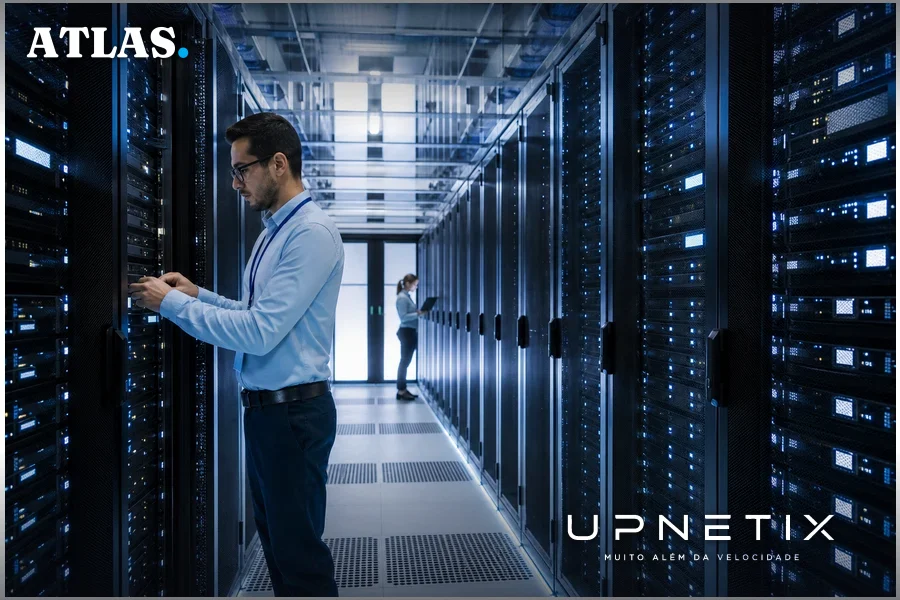 Data center em operação com servidores e iluminação fria