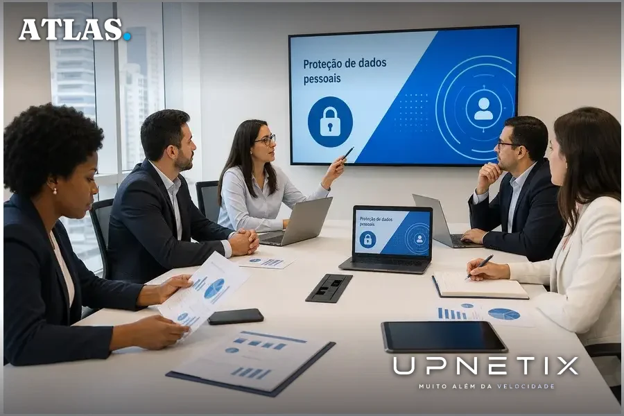 Profissionais em reunião corporativa discutindo conformidade com LGPD em empresa de telecomunicações.