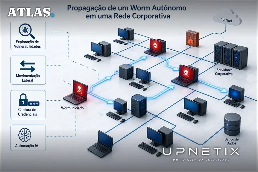 Diagrama ilustrativo da propagação de worm autônomo em rede corporativa usando IA.