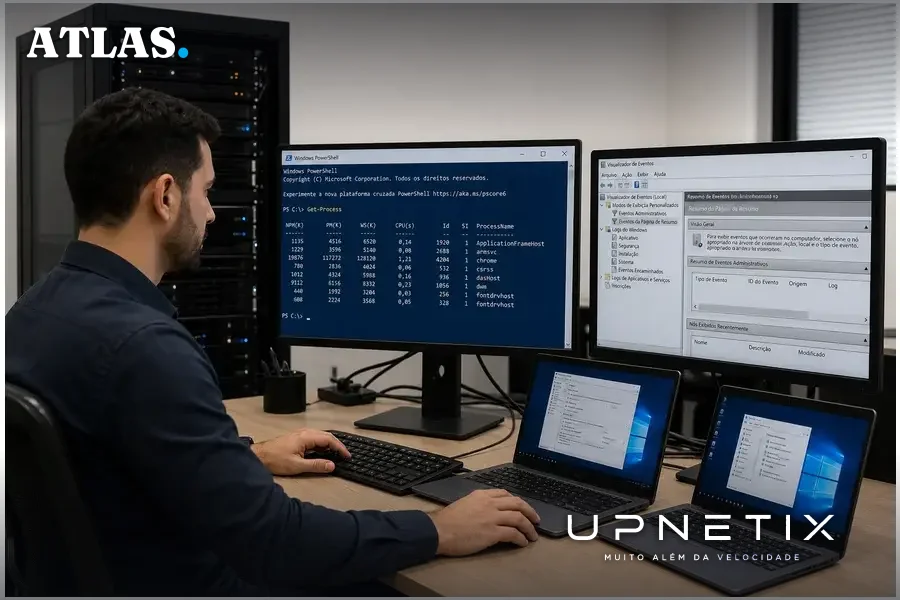 Servidor de rede com dispositivos endpoints e tela exibindo PowerShell em uso