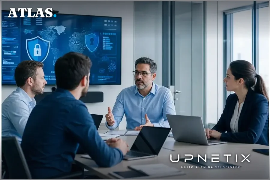 Equipe de TI discutindo estratégias para responder a ataques de ransomware em reunião corporativa.